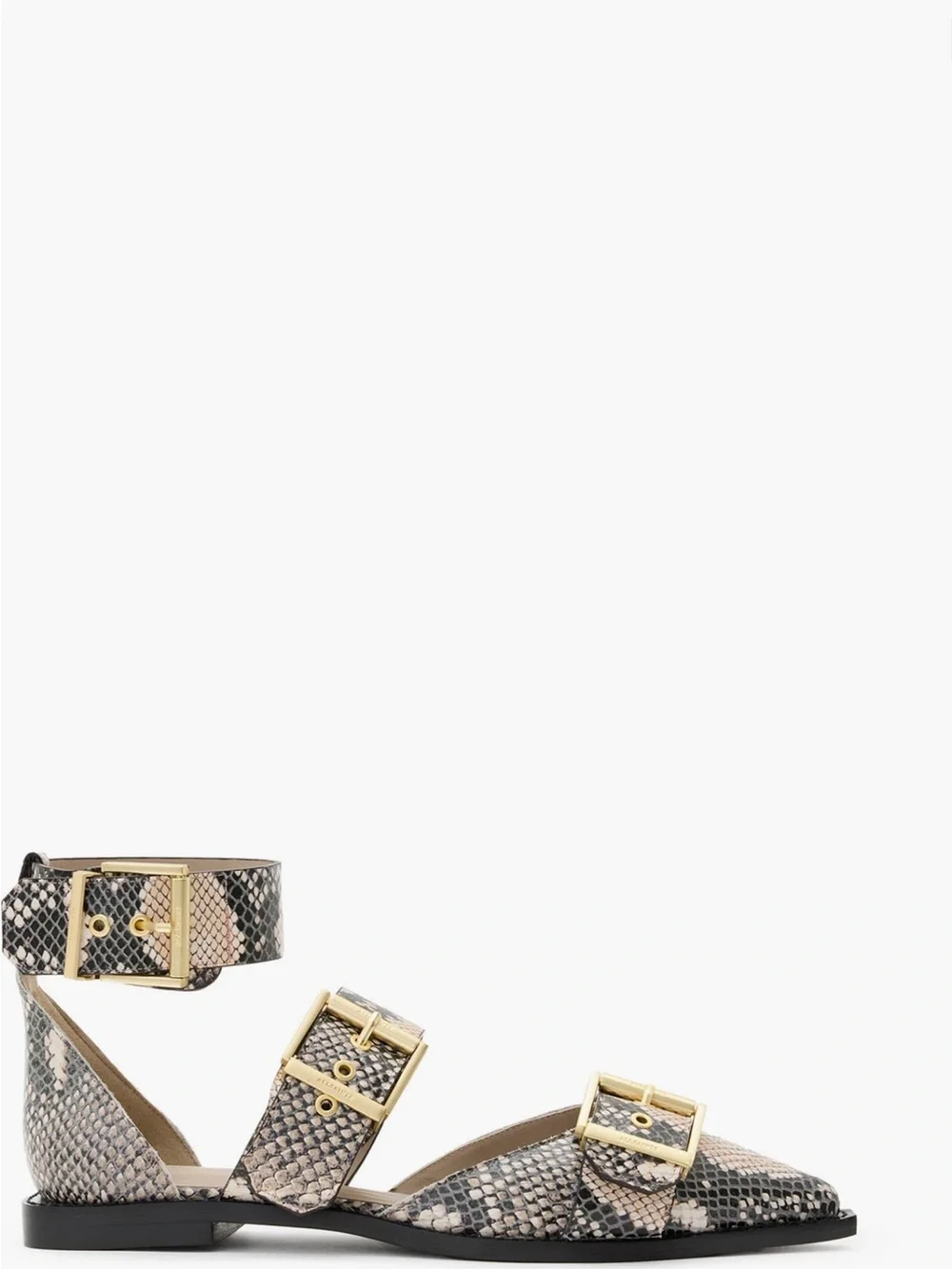 All Saints Snake-Print Buckle Flat Sandals in Neutral Tones